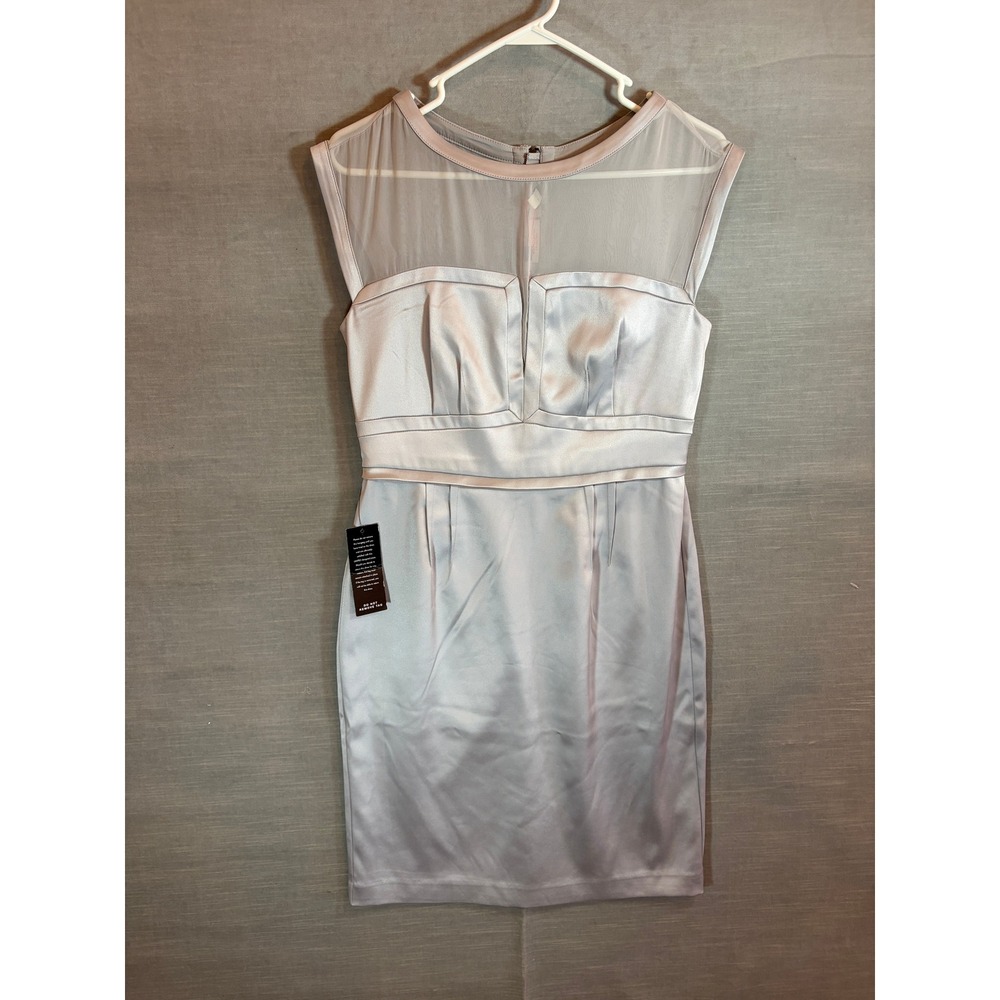 The Limited Scandal Collection Silver Satin Sheath Dress Sheer Mesh Neckline,NWT - Picture 2 of 10